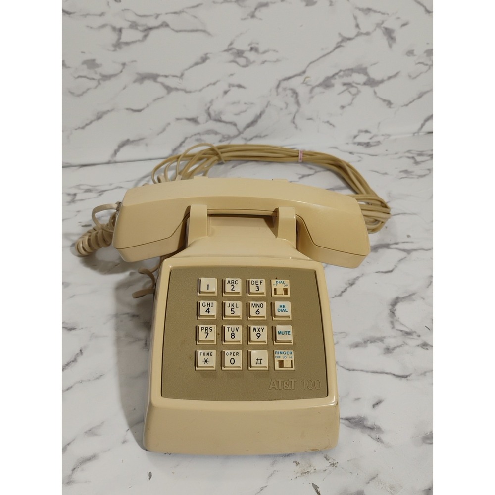 Vtg AT&T 100 Beige Push Button Corded Landline Desk Phone CS2500DMGF